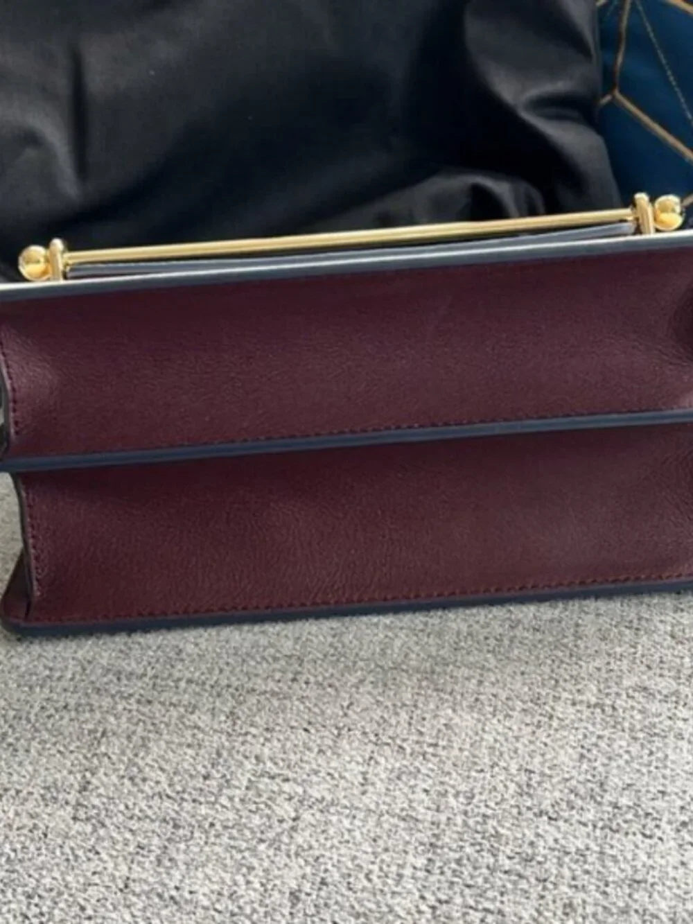 New Strathberry Navy Cream Leather Mini Bag w/ Shearling Handle & Gold Hardware